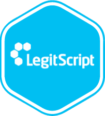 A blue hexagonal badge with the word LegitScript in white text and a cluster of five white hexagons to the left of the text.